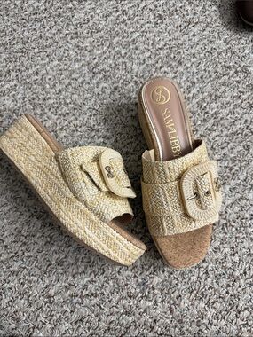 NEW- Sam & Libby Natural Raffia Buckle Platform Mules